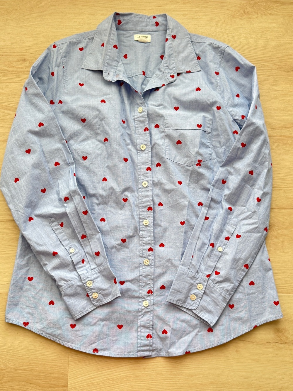 J. Crew Light Blue Button-Down Shirt with Red Heart Print